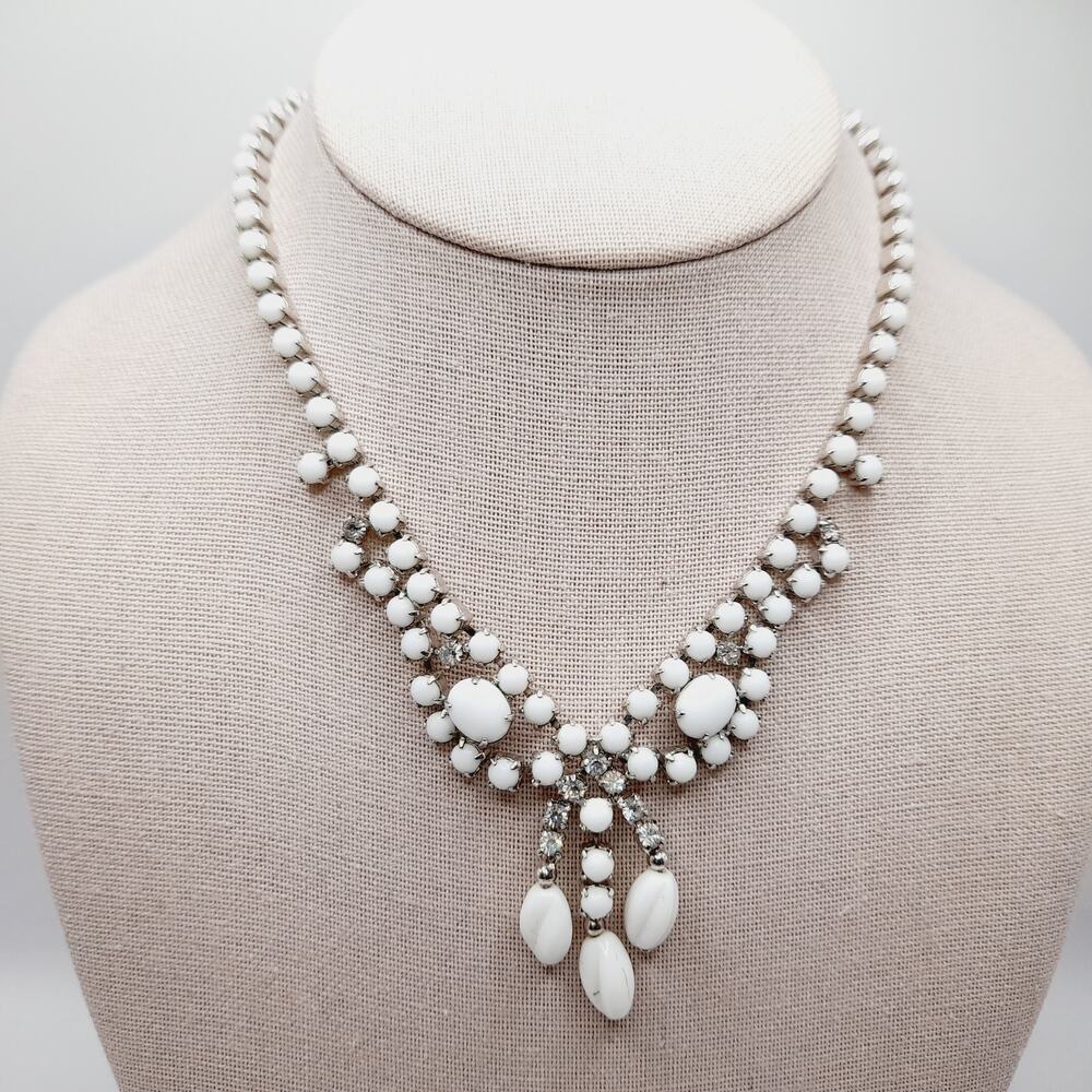 Vintage Milk Glass & Rhinestone Tassel Choker Necklace 15 Inch Rhodium